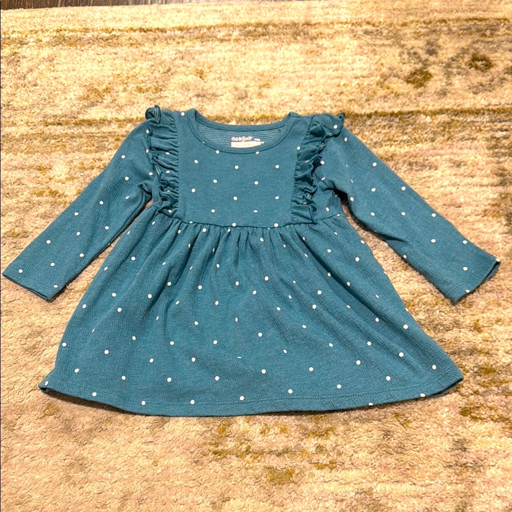 Cat & Jack Baby Girl Teal Polka Dot Ruffle Long Sleeve Dress 18 months